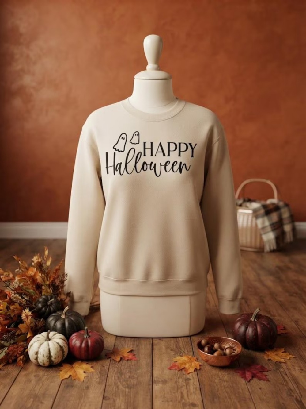 Happy Halloween Graphic Sweatshirt in Cream handmade New